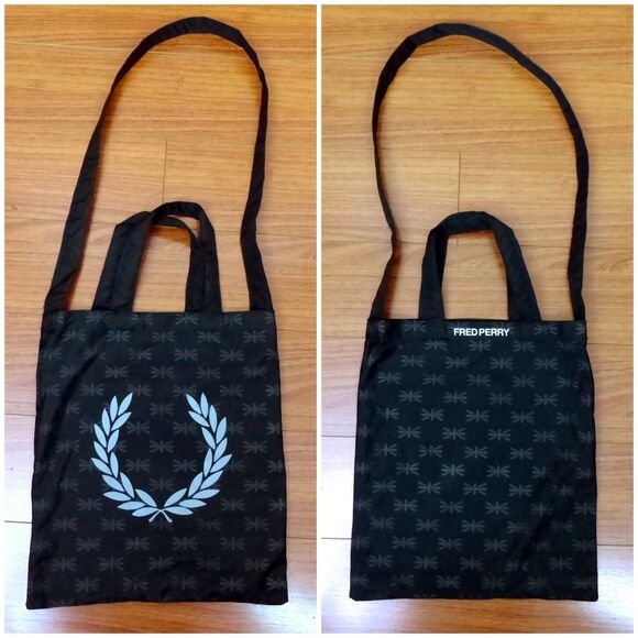 Fred Perry Tote Bag Black Laurel Wreath Logo Carryall Shopper Crossbody Nylon - Picture 1 of 11
